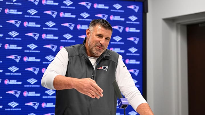 May 9, 2025; Foxborough, MA, USA;  New England Patriots head coach Mike Vrabel speaks the to media during a press conference at Gillette Stadium. Mandatory Credit: Eric Canha-Imagn Images