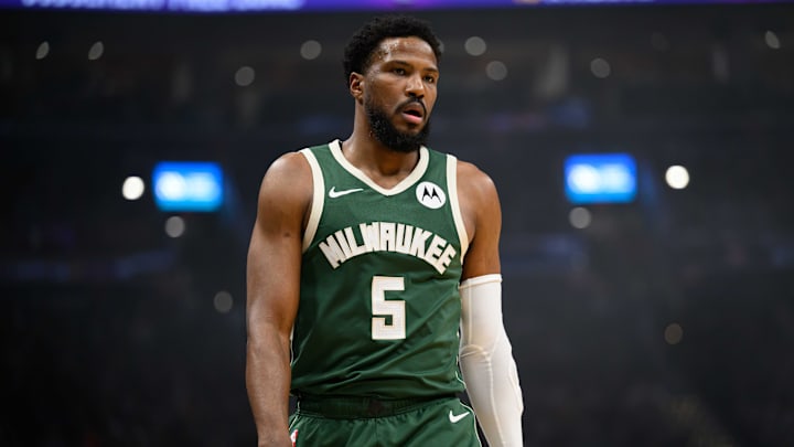 Apr 2, 2024; Washington, District of Columbia, USA; Milwaukee Bucks guard Malik Beasley (5) looks on during the first quarter against the Washington Wizards at Capital One Arena.