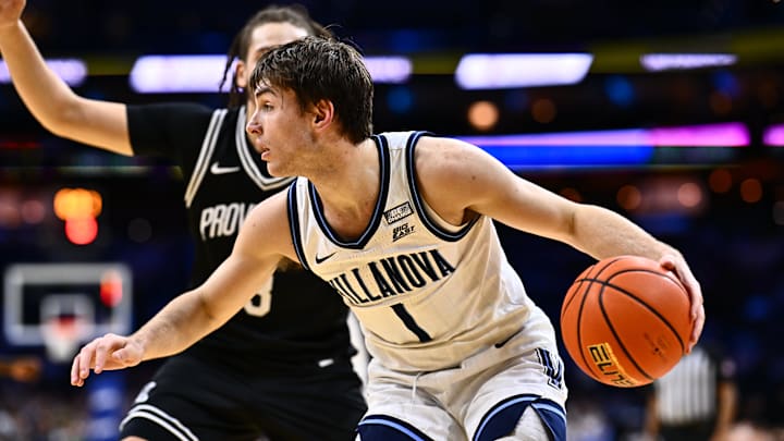 Feb 4, 2024; Philadelphia, Pennsylvania, USA; Villanova Wildcats guard Brendan Hausen (1) controls