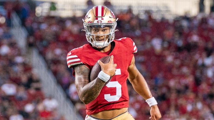 August 19, 2023; Santa Clara, California, USA; San Francisco 49ers quarterback Trey Lance (5) during the fourth quarter against the Denver Broncos at Levi's Stadium. Mandatory Credit: Kyle Terada-Imagn Images