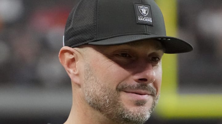 Jan 4, 2026; Paradise, Nevada, USA; Las Vegas Raiders general manager John Spytek reacts during the game against the Kansas City Chiefs at Allegiant Stadium. Mandatory Credit: Kirby Lee-Imagn Images