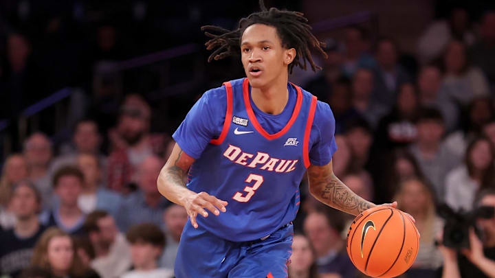 Mar 13, 2024; New York City, NY, USA; DePaul Blue Demons guard Jalen Terry (3) brings the ball up court against the Villanova Wildcats during the first half at Madison Square Garden. Mandatory Credit: Brad Penner-Imagn Images