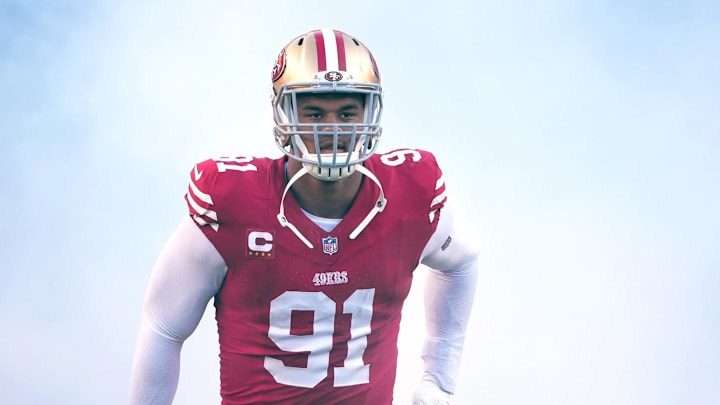 Oct 8, 2023; Santa Clara, California, USA; San Francisco 49ers defensive end Arik Armstead (91) jogs