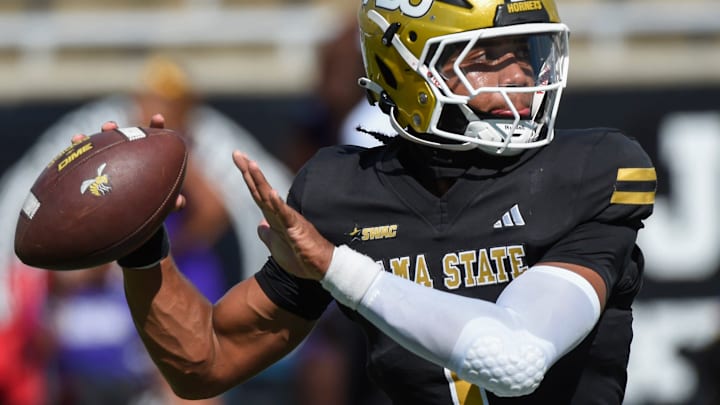 Alabama State quarterback Andrew Body (1) wams up before the Miles College game in Montgomery, Ala., on Saturday September 13, 2025.