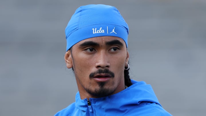 Sep 12, 2025; Pasadena, California, USA;  UCLA Bruins quarterback Nico Iamaleava (9) warms up before the game against the New Mexico Lobos at Rose Bowl. Mandatory Credit: Kiyoshi Mio-Imagn Images