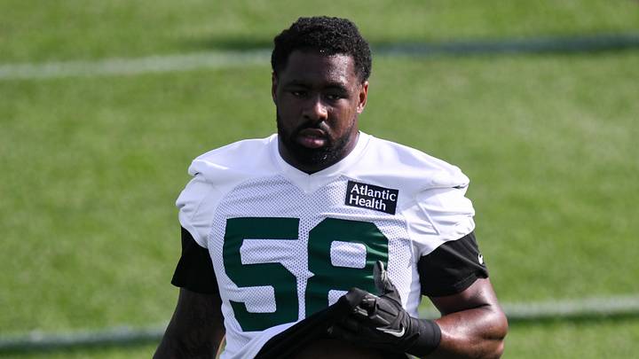 Jul 23, 2025; Florham Park, NY, USA; New York Jets defensive end Eric Watts (58) warms up during training camp at Atlantic Health Jets Training Center. Mandatory Credit: John Jones-Imagn Images