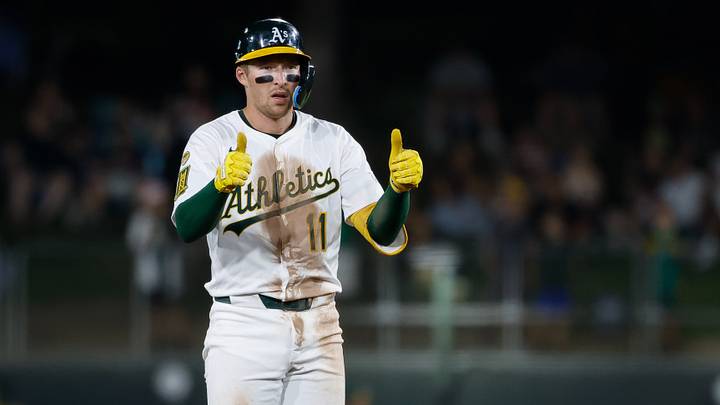 Sep 23, 2025; West Sacramento, California, USA; Athletics third baseman Brett Harris (11) celebrates after hitting a double during the fifth inning against the Houston Astros at Sutter Health Park. Mandatory Credit: Sergio Estrada-Imagn Images
