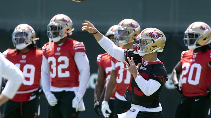 Jun 10, 2025; Santa Clara, CA, USA; San Francisco 49ers quarterback Brock Purdy (13) throws a pass during drills in an OTA at Levi's Stadium. Mandatory Credit: D. Ross Cameron-Imagn Images Jun 10, 2025; Santa Clara, CA, USA; San Francisco 49ers quarterback Brock Purdy (13) throws a pass during drills in an OTA at Levi's Stadium. Mandatory Credit: D. Ross Cameron-Imagn Images