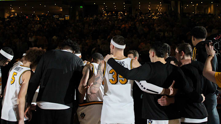 Jan 11, 2025; Columbia, Missouri, USA; Missouri Tigers guard Jacob Crews (35) and the rest of the Tigers squad huddle before the start of the game. 