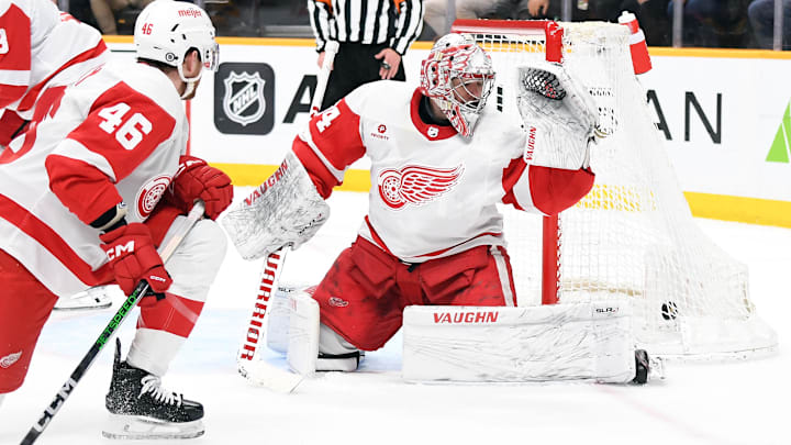 Detroit Red Wings goaltender Alex Lyon (34) allows the game-winning goal for the Nashville Predators.