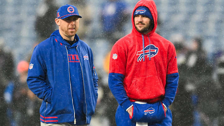 Buffalo Bills quarterback Josh Allen speaks with Buffalo Bills Offensive Coordinator Joe Brady Buffalo Bills quarterback Josh Allen speaks with Buffalo Bills Offensive Coordinator Joe Brady