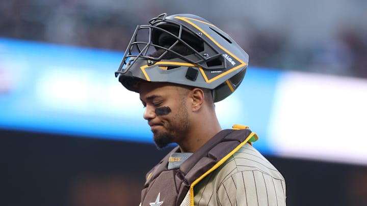 Jun 3, 2025; San Francisco, California, USA; San Diego Padres catcher Martin Maldonado (15) between plays against the San Francisco Giants during the second inning at Oracle Park. Mandatory Credit: Kelley L Cox-Imagn Images
