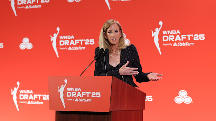 WNBA commissioner Engelbert talks to the media before the 2025 WNBA Draft at The Shed at Hudson Yards. 