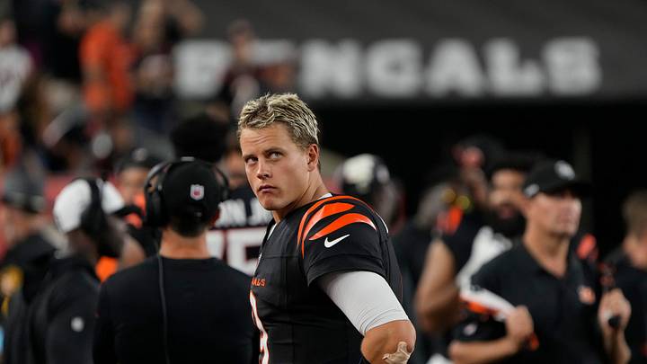 Cincinnati Bengals quarterback Joe Burrow (9) looks at the scoreboard as his team drops their 3rd straight game during Monday Night Football September 23, 2024 at Paycor Stadium. The Bengals lost 38-33.