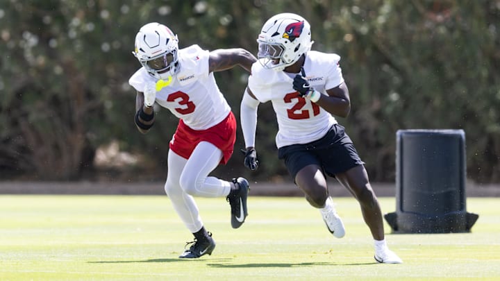 Jun 10, 2025; Tempe, AZ, USA; Arizona Cardinals safety Budda Baker (3) and cornerback Garrett Williams (21) do drills during minicamp at the teams Arizona Cardinals Training Facility. Mandatory Credit: Mark J. Rebilas-Imagn Images Jun 10, 2025; Tempe, AZ, USA; Arizona Cardinals safety Budda Baker (3) and cornerback Garrett Williams (21) do drills during minicamp at the teams Arizona Cardinals Training Facility. Mandatory Credit: Mark J. Rebilas-Imagn Images