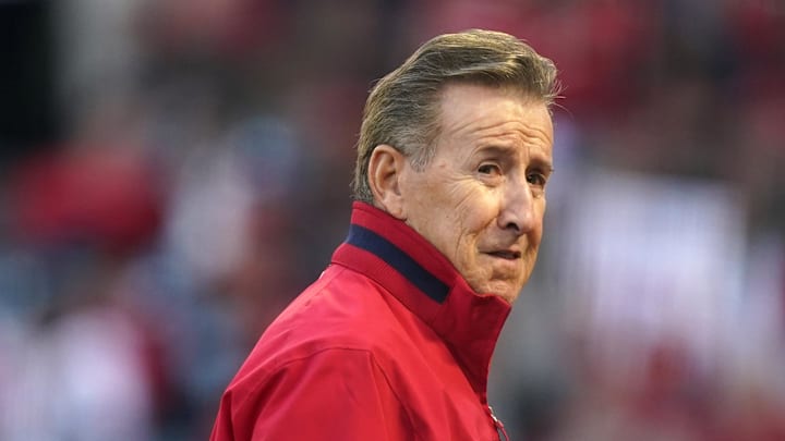 May 10, 2022; Anaheim, California, USA; Los Angeles Angels owner Arte Moreno reacts during the game against the Tampa Bay Rays at Angel Stadium. Mandatory Credit: Kirby Lee-Imagn Images