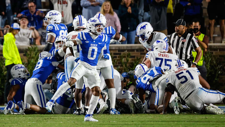 Oct 26, 2024; Durham, North Carolina, USA; Duke Blue Devils cornerback Chandler Rivers (0) celebrates during the second half of the game against Southern Methodist Mustangs at Wallace Wade Stadium. Mandatory Credit: Jaylynn Nash-Imagn Images Oct 26, 2024; Durham, North Carolina, USA; Duke Blue Devils cornerback Chandler Rivers (0) celebrates during the second half of the game against Southern Methodist Mustangs at Wallace Wade Stadium. Mandatory Credit: Jaylynn Nash-Imagn Images