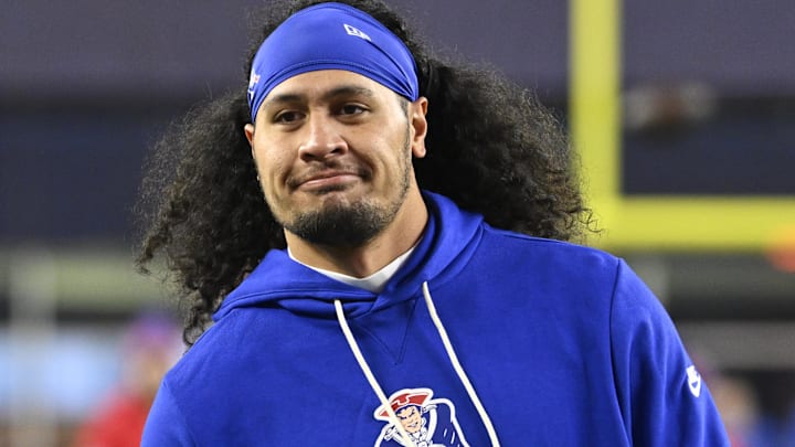 Jahlani Tavai (48) warms up prior to the game against the New York Giants at Gillette Stadium.