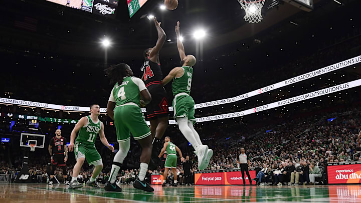 Jan 29, 2025; Boston, Massachusetts, USA; Chicago Bulls forward Patrick Williams (44) shoots the ball over Boston Celtics guard Derrick White (9) during the second half at TD Garden. Mandatory Credit: Bob DeChiara-Imagn Images Jan 29, 2025; Boston, Massachusetts, USA; Chicago Bulls forward Patrick Williams (44) shoots the ball over Boston Celtics guard Derrick White (9) during the second half at TD Garden. Mandatory Credit: Bob DeChiara-Imagn Images