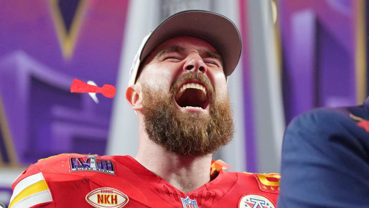 Feb 11, 2024; Paradise, Nevada, USA; Kansas City Chiefs tight end Travis Kelce (87) celebrates after winning Super Bowl LVIII against the San Francisco 49ers at Allegiant Stadium. Mandatory Credit: Kirby Lee-USA TODAY Sports Feb 11, 2024; Paradise, Nevada, USA; Kansas City Chiefs tight end Travis Kelce (87) celebrates after winning Super Bowl LVIII against the San Francisco 49ers at Allegiant Stadium. Mandatory Credit: Kirby Lee-USA TODAY Sports