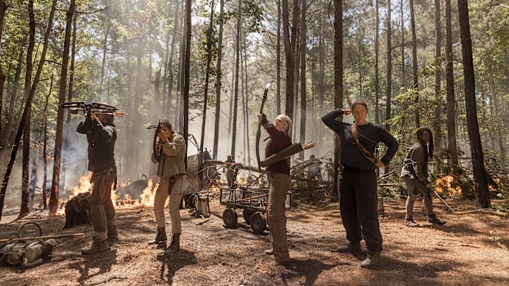 Norman Reedus as Daryl Dixon, Sydney Park as Cyndie, Danai Gurira as Michonne, Melissa McBride as Carol Peletier, Kerry Cahill as Diane - The Walking Dead _ Season 10 - Photo Credit: Jackson Lee Davis/AMC