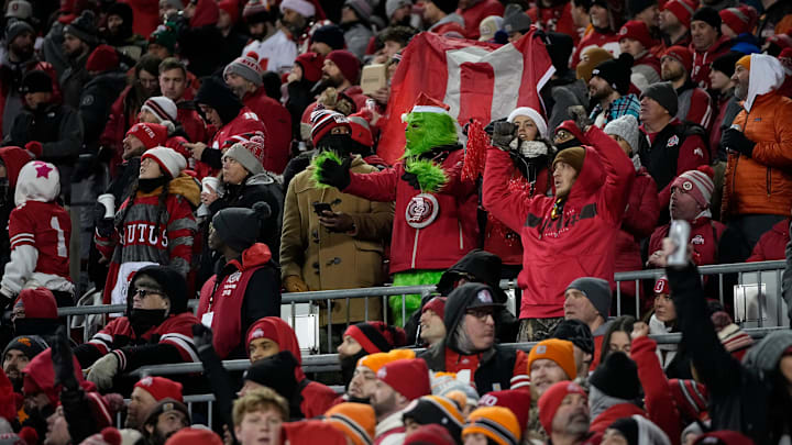 Fans watch during the first half of the College Football Playoff first round game between the Ohio State Buckeyes and the Tennessee Volunteers.