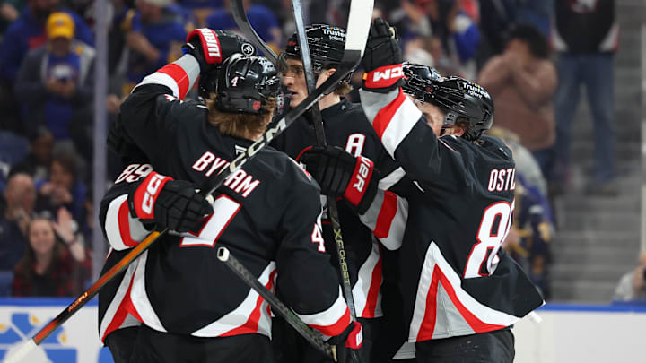 Buffalo Sabres players Bowen Byram, Alex Tuch, Tage Thompson and Noah Ostlund
