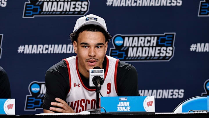 Mar 19, 2025; Denver, CO, USA; Wisconsin Badgers player John Tonje during a press conference at Ball Arena. Mandatory Credit: Isaiah J. Downing-Imagn Images