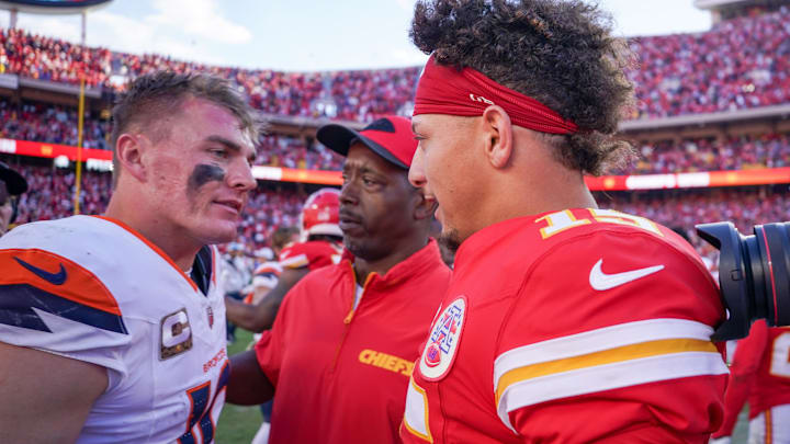 Nov 10, 2024; Kansas City, Missouri, USA; Kansas City Chiefs quarterback Patrick Mahomes (15) greets Denver Broncos quarterback Bo Nix (10) after the game at GEHA Field at Arrowhead Stadium. Nov 10, 2024; Kansas City, Missouri, USA; Kansas City Chiefs quarterback Patrick Mahomes (15) greets Denver Broncos quarterback Bo Nix (10) after the game at GEHA Field at Arrowhead Stadium.