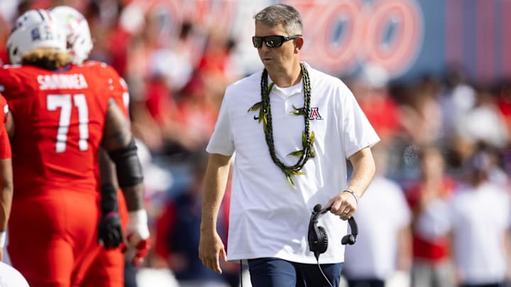 Oct 19, 2024; Tucson, Arizona, USA; Arizona Wildcats head coach Brent Brennan against the Colorado Buffalos at Arizona Stadium. Mandatory Credit: Mark J. Rebilas-Imagn Images Oct 19, 2024; Tucson, Arizona, USA; Arizona Wildcats head coach Brent Brennan against the Colorado Buffalos at Arizona Stadium. Mandatory Credit: Mark J. Rebilas-Imagn Images
