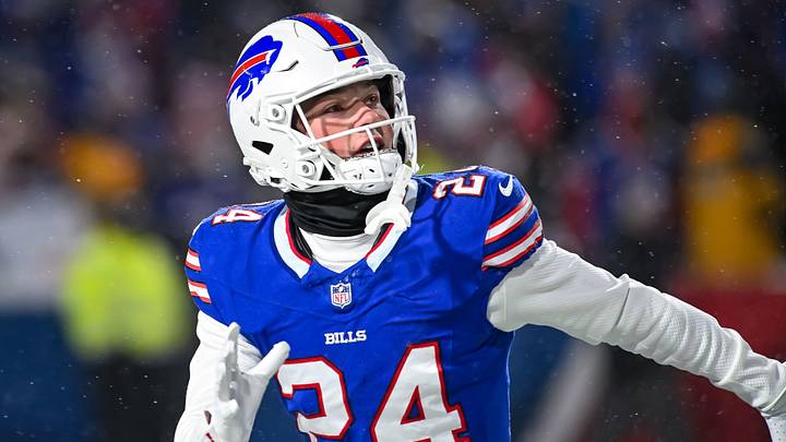 Buffalo Bills safety Cole Bishop (24) warms up before a 2025 AFC divisional round game against the Baltimore Ravens at Highmark Stadium. Buffalo Bills safety Cole Bishop (24) warms up before a 2025 AFC divisional round game against the Baltimore Ravens at Highmark Stadium.