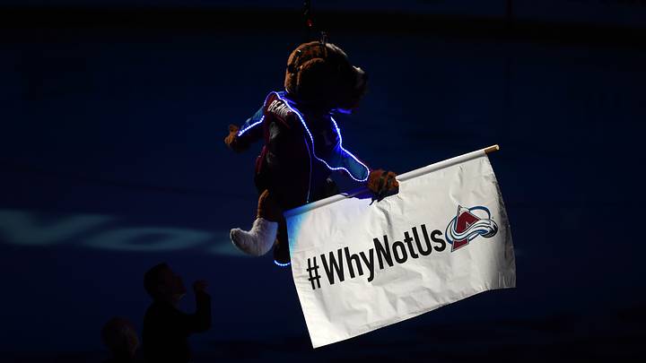 Apr 19, 2014; Denver, CO, USA; Colorado Avalanche mascot Bernie drops down from the top of the Pepsi Center with a "#whynotus" banner before the start of the game against the Minnesota Wild during game two of the first round of the 2014 Stanley Cup Playoffs at the Pepsi Center. Mandatory Credit: Ron Chenoy-USA TODAY Sports