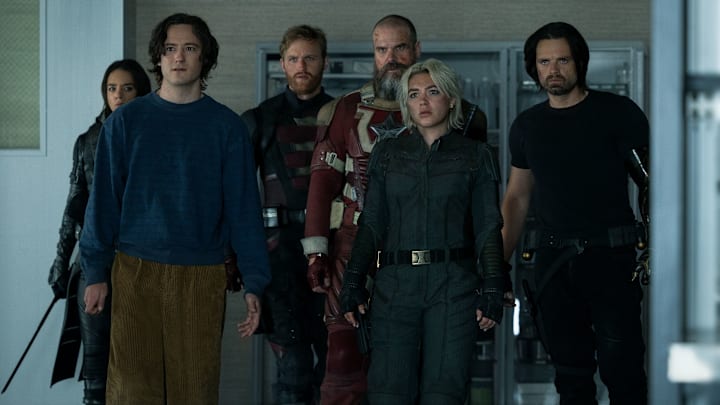 Ghost (Hannah John-Kamen), Bob (Lewis Pullman), John Walker (Wyatt Russell), Alexei Shostakov/Red Guardian (David Harbour), Yelena Belova (Florence Pugh) and Bucky Barnes (Sebastian Stan)in Marvel Studios' THUNDERBOLTS*. Photo by Chuck Zlotnick. © 2025 MARVEL.