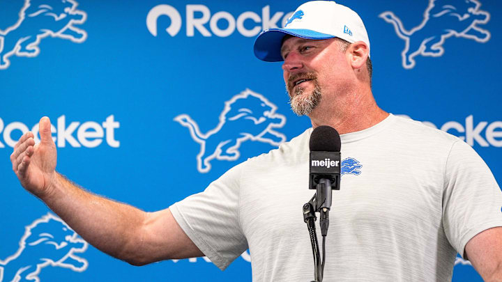 Detroit Lions head coach Dan Campbell speaks at a press conference during training camp at Meijer Performance Center in Allen Park on Sunday, July 20, 2025.