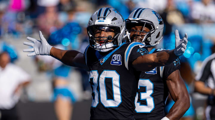 Nov 3, 2024; Charlotte, North Carolina, USA; Carolina Panthers running back Chuba Hubbard (30) celebrates after a third quarter touchdown against the New Orleans Saints at Bank of America Stadium. Mandatory Credit: Scott Kinser-Imagn Images Nov 3, 2024; Charlotte, North Carolina, USA; Carolina Panthers running back Chuba Hubbard (30) celebrates after a third quarter touchdown against the New Orleans Saints at Bank of America Stadium. Mandatory Credit: Scott Kinser-Imagn Images