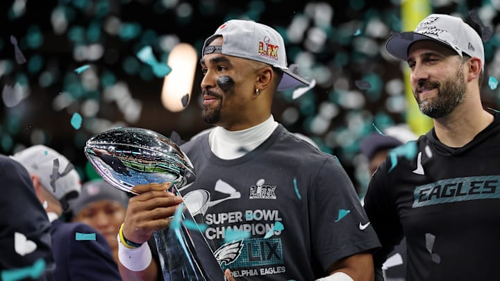 Feb 9, 2025; New Orleans, LA, USA; Philadelphia Eagles quarterback Jalen Hurts (1) celebrates after winning against Kansas City Chiefs in Super Bowl LIX at Caesars Superdome. Mandatory Credit: Geoff Burke-Imagn Images