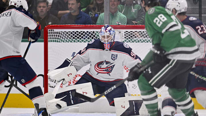 Blue Jackets goaltender Elvis Merzlikins makes a save against Dallas on Tuesday night.