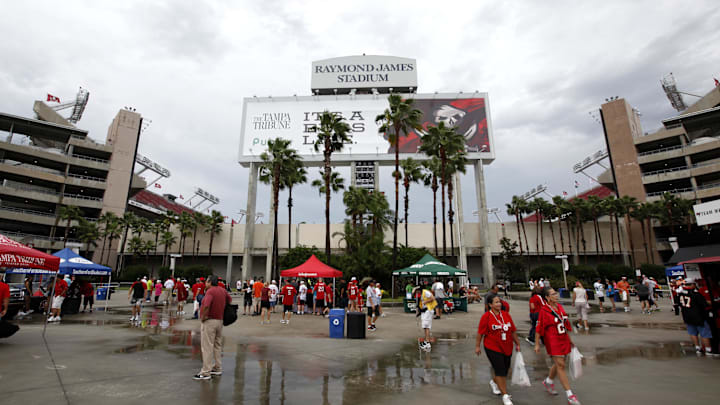 A general view of the outside of Raymond James Stadium. A general view of the outside of Raymond James Stadium.