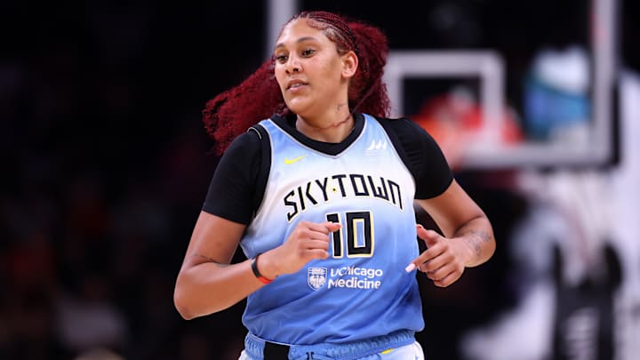 Aug 28, 2025; Phoenix, Arizona, USA; Chicago Sky center Kamilla Cardoso (10) against the Phoenix Mercury at Phx Arena. Mandatory Credit: Mark J. Rebilas-Imagn Images