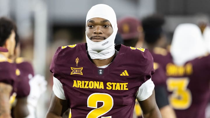 Nov 28, 2025; Tempe, Arizona, USA; Arizona State Sun Devils quarterback Jeff Sims (2) against the Arizona Wildcats during the 99th Territorial Cup at Mountain America Stadium. Mandatory Credit: Mark J. Rebilas-Imagn Images