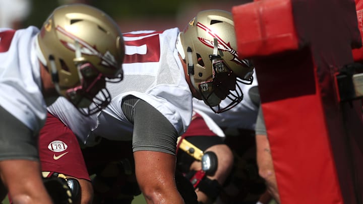 FSU's offensive line works out during their opening practice for fall camp at the Al Dunlap Training Facility Monday, Aug. 6, 2018. 

636691563153527519-B49I3032.jpg