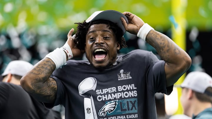 Philadelphia Eagles safety C.J. Gardner-Johnson celebrates after defeating the Kansas City Chiefs in Super Bowl LIX