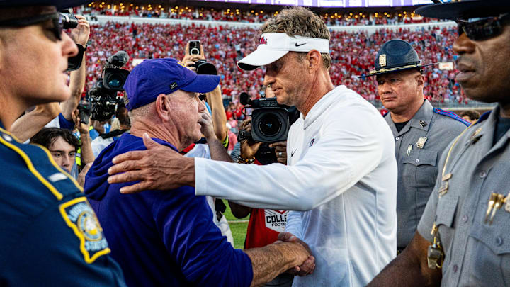LSU head coach Brian Kelly and Ole Miss head coach Lane Kiffin shake hands after a college football game between Ole Miss and LSU at Vaught-Hemingway Stadium in Oxford, Miss., on Saturday, Sept. 27, 2025. Ole Miss defeated LSU 24-19.