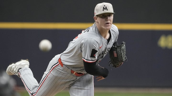 May 18, 2025; Milwaukee, Wisconsin, USA; Minnesota Twins pitcher Zebby Matthews (52) delivers a pitch against the Milwaukee Brewers in the first inning at American Family Field. Mandatory Credit: Michael McLoone-Imagn Images