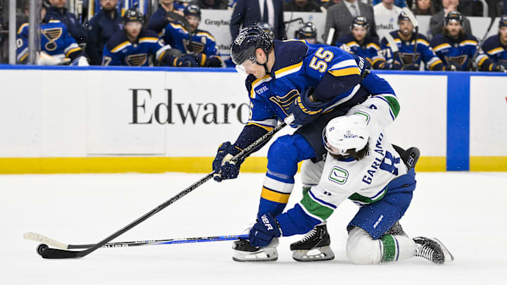 Jan 27, 2025; St. Louis, Missouri, USA;  St. Louis Blues defenseman Colton Parayko (55) and Vancouver Canucks right wing Conor Garland (8) battle for the puck during the first period at Enterprise Center. Mandatory Credit: Jeff Curry-Imagn Images