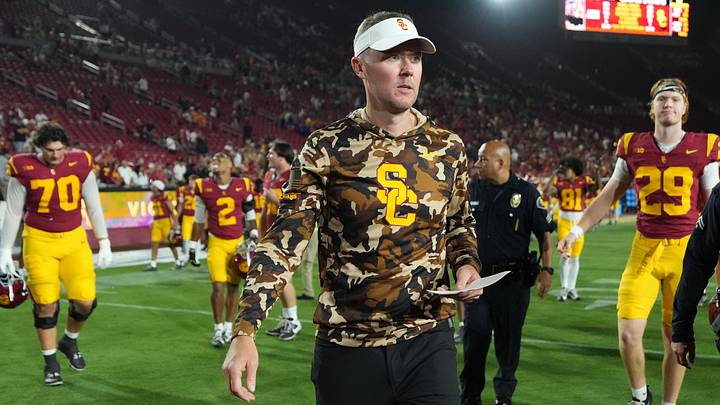 Sep 12, 2026; Los Angeles, California, USA; Southern California Trojans head coach Lincoln Riley reacts after the game against the Louisiana Ragin' Cajuns at United Airlines Field at Los Angeles Memorial Coliseum. Mandatory Credit: Kirby Lee-Imagn Images Sep 12, 2026; Los Angeles, California, USA; Southern California Trojans head coach Lincoln Riley reacts after the game against the Louisiana Ragin' Cajuns at United Airlines Field at Los Angeles Memorial Coliseum. Mandatory Credit: Kirby Lee-Imagn Images