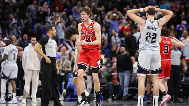Bulls forward Matas Buzelis celebrates beating the Magic after the final buzzer at Kia Center.