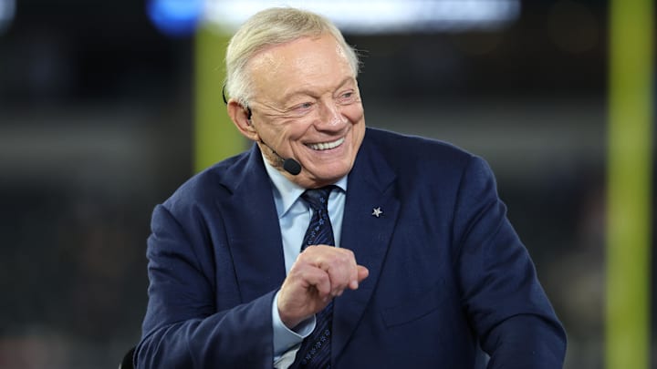 Nov 3, 2025; Arlington, Texas, USA; Dallas Cowboys owner Jerry Jones talks before the game against the Arizona Cardinals at AT&T Stadium. Mandatory Credit: Kevin Jairaj-Imagn Images