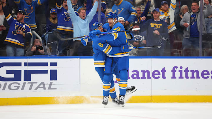 Philip Broberg celebrating a goal with Colton Parayko Philip Broberg celebrating a goal with Colton Parayko