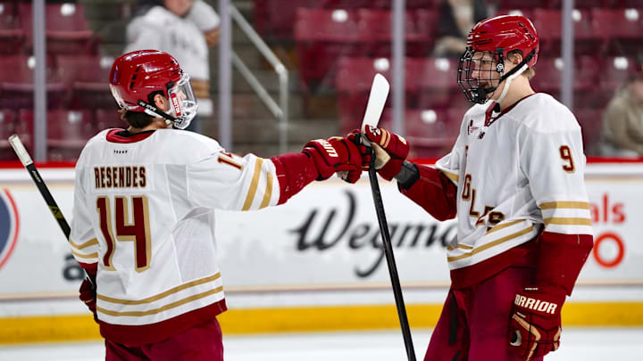 Landan Resendes fist-bumps Oscar Hemming after the win at Conte Forum on Feb. 20, 2026. Landan Resendes fist-bumps Oscar Hemming after the win at Conte Forum on Feb. 20, 2026.